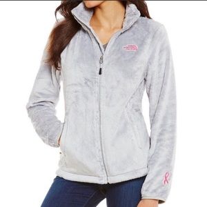 North face gray zip up fleece sweater small/petite pink ribbon edition.